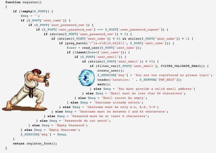 Ryu fires a Hadouken into a deeply indented PHP function.